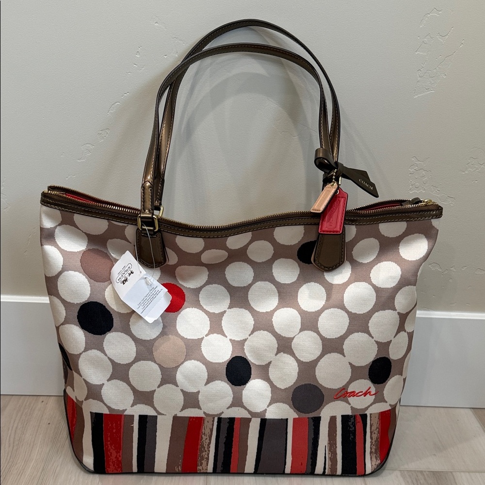 Coach Poppy 25124 Watercolor Hand Painted Polka Dot Satin Large Tote Bag NEW
